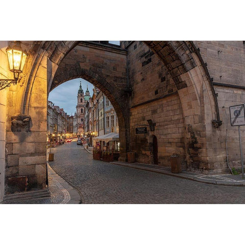 Arch of Lesser Town Bridge Tower on Charles Bridge with St Nicholas Church in Prague-Czech Republic Black Modern Wood Framed Art Print by Haney, Chuck