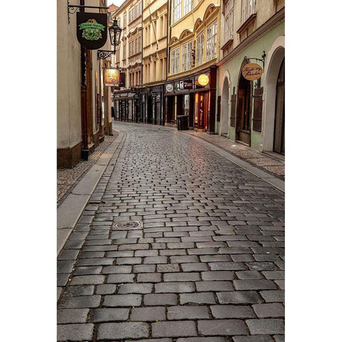 Narrow wet cobblestone streets in Old Town in Prague-Czech Republic Black Modern Wood Framed Art Print by Haney, Chuck