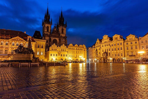 Tyn Church at dawn on wet cobblestones in Old Town Square in Prague-Czech Republic White Modern Wood Framed Art Print with Double Matting by Haney, Chuck