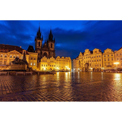 Tyn Church at dawn on wet cobblestones in Old Town Square in Prague-Czech Republic Black Modern Wood Framed Art Print by Haney, Chuck