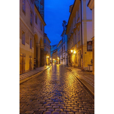 Narrow wet cobblestone streets in Old Town in Prague-Czech Republic Black Modern Wood Framed Art Print by Haney, Chuck