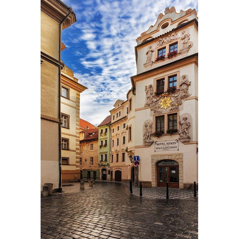 Narrow wet cobblestone streets in Old Town in Prague-Czech Republic Black Modern Wood Framed Art Print by Haney, Chuck