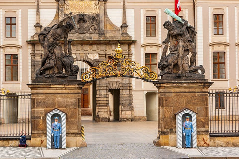Prague-Czech Republic-The Matthias Gate at Prague Castle-with guards Black Ornate Wood Framed Art Print with Double Matting by Haseltine, Tom