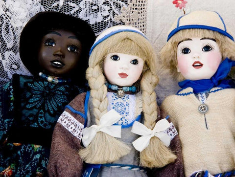 Finland, Helsinki Dolls at an outdoor market Black Ornate Wood Framed Art Print with Double Matting by Ross, Nancy ,  Steve