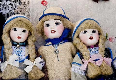 Finland, Helsinki Dolls at an outdoor market Black Ornate Wood Framed Art Print with Double Matting by Ross, Nancy ,  Steve