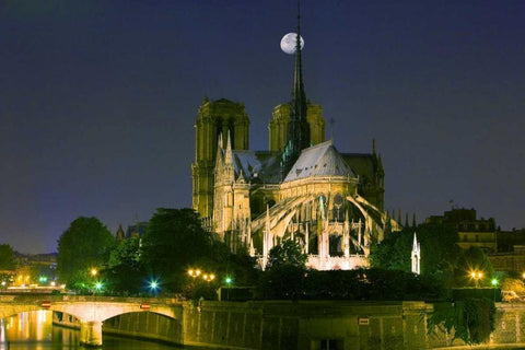 France, Paris Full moon over Notre Dame White Modern Wood Framed Art Print with Double Matting by Zuckerman, Jim