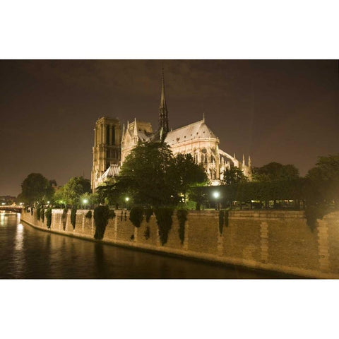 France, Paris Notre Dame Cathedral lit at night Black Modern Wood Framed Art Print by Zuckerman, Jim