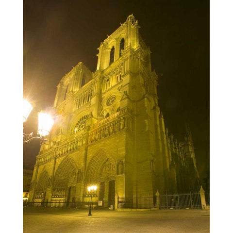 France, Paris Notre Dame Cathedral lit at night Black Modern Wood Framed Art Print by Zuckerman, Jim