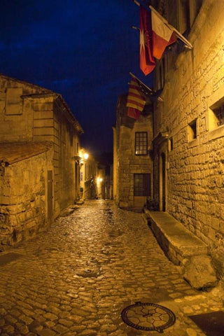 France, Provence Flags over street in castle White Modern Wood Framed Art Print with Double Matting by Lord, Fred