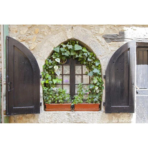 France, Provence, Vence Window and shutters Gold Ornate Wood Framed Art Print with Double Matting by Lord, Fred