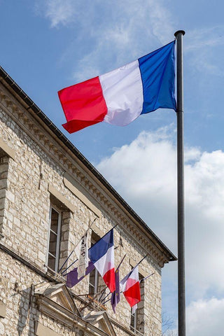France-Giverny Flags of France in town  White Modern Wood Framed Art Print with Double Matting by Jaynes Gallery