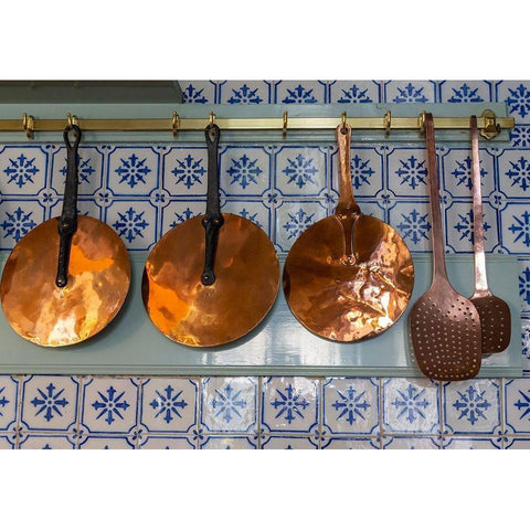France-Giverny Copper utensils in kitchen of Monets house  White Modern Wood Framed Art Print by Jaynes Gallery