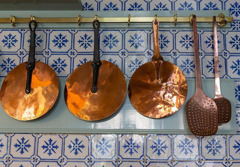 France-Giverny Copper utensils in kitchen of Monets house  White Modern Wood Framed Art Print with Double Matting by Jaynes Gallery