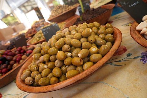 Olives in the Sunday market in Beaune-France White Modern Wood Framed Art Print with Double Matting by Brack, Dennis