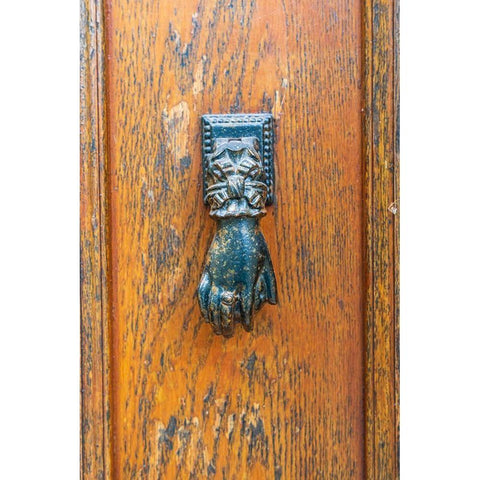 France-Dordogne-Hautefort A metal door knocker in the shape of a hand in the town of Hautefort Black Modern Wood Framed Art Print by Wilson, Emily