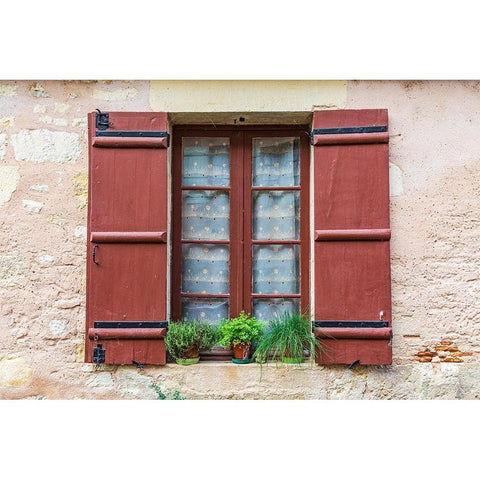 France-Dordogne-Hautefort A brown shuttered window on a house in the town of Hautefort White Modern Wood Framed Art Print by Wilson, Emily