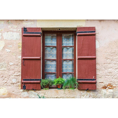 France-Dordogne-Hautefort A brown shuttered window on a house in the town of Hautefort Black Modern Wood Framed Art Print by Wilson, Emily