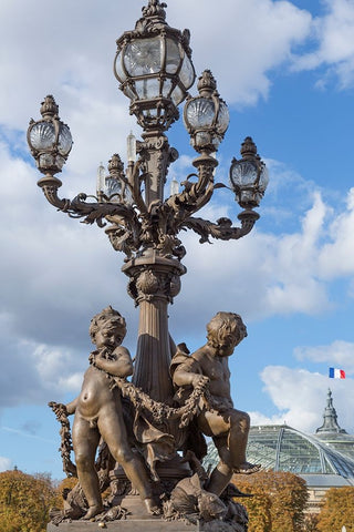 Paris. Decorative street lamps- at Pont Alexandre III- along River Seine. White Modern Wood Framed Art Print with Double Matting by Wilson, Emily M.