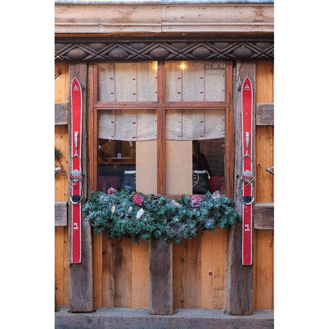 Colmar-France Old town Colmar adorned with Christmas decoration Old skis decorate a rustic cafÃ© Black Modern Wood Framed Art Print by McRoberts, Julien