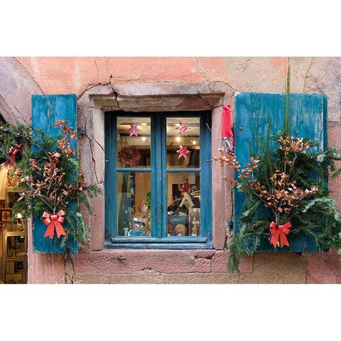 Riquewihr-France Village established 1400s in Alsace Region Window decorated Christmas ornaments Black Modern Wood Framed Art Print by McRoberts, Julien