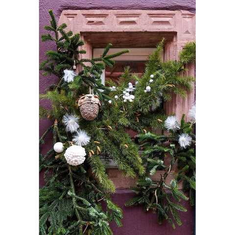 Riquewihr-France Village established 1400s in Alsace Region Window decorated Christmas ornaments Black Modern Wood Framed Art Print by McRoberts, Julien