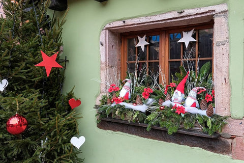 Riquewihr-France Village established 1400s in Alsace Region Window decorated Christmas ornaments Black Ornate Wood Framed Art Print with Double Matting by McRoberts, Julien