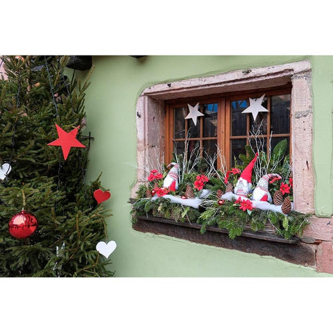 Riquewihr-France Village established 1400s in Alsace Region Window decorated Christmas ornaments Black Modern Wood Framed Art Print by McRoberts, Julien