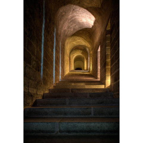 Stairs and hallway in Mont Saint-Michel on the Normandy coast of France Black Modern Wood Framed Art Print by Steve Mohlenkamp