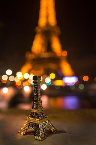 A souvenir Eiffel Tower on the wall of the Seine River across from the real thing White Modern Wood Framed Art Print with Double Matting by Steve Mohlenkamp