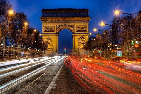 Traffic passes the Arch de Triumph on the Champs Elysee in Paris-France White Modern Wood Framed Art Print with Double Matting by Steve Mohlenkamp