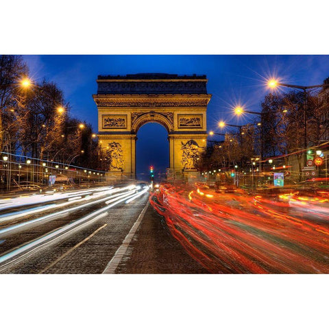 Traffic passes the Arch de Triumph on the Champs Elysee in Paris-France Black Modern Wood Framed Art Print by Steve Mohlenkamp