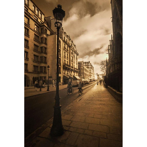 Bicycle riders beside Notre Dame Cathedral and her gargoyles in Paris-France Black Modern Wood Framed Art Print by Steve Mohlenkamp