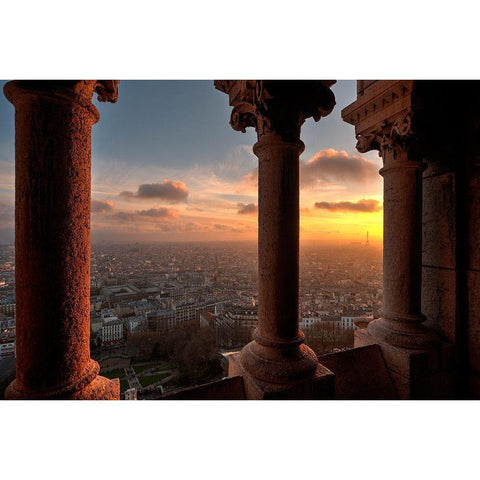 Sunset in Paris-France from the screecher with distant Eiffel Tower Gold Ornate Wood Framed Art Print with Double Matting by Steve Mohlenkamp