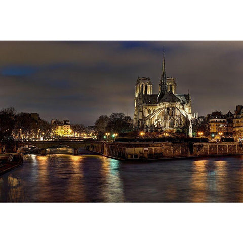 Notre Dame Cathedral and the Seine River shimmer in the Paris-France night Gold Ornate Wood Framed Art Print with Double Matting by Steve Mohlenkamp
