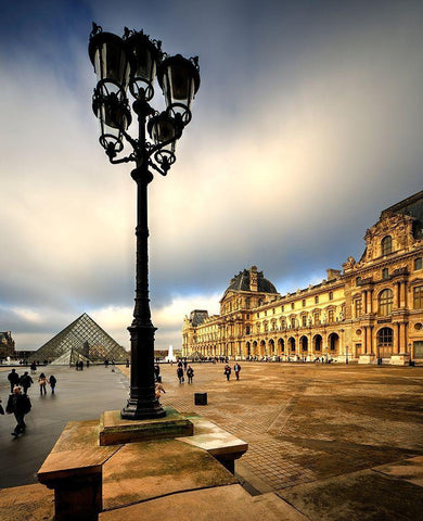 Pyramid and courtyard to the Louvre in Paris-France Black Ornate Wood Framed Art Print with Double Matting by Steve Mohlenkamp