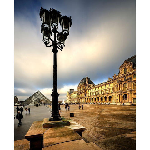 Pyramid and courtyard to the Louvre in Paris-France Black Modern Wood Framed Art Print by Steve Mohlenkamp