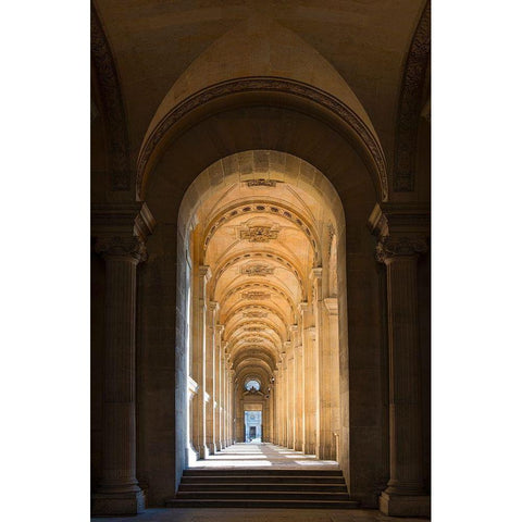 Hallway to the pyramid and courtyard at the Louvre in Paris-France White Modern Wood Framed Art Print by Steve Mohlenkamp