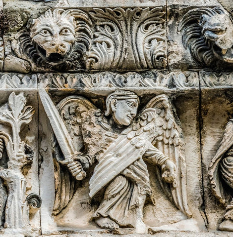 Saint Michael angel statue facade- Nimes Cathedral- Gard- France. Created 1100 AD- Black Ornate Wood Framed Art Print with Double Matting by Perry, William