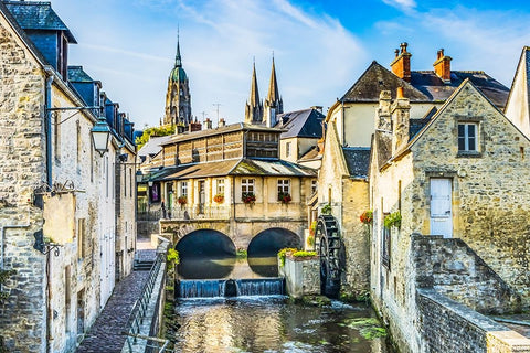 Colorful old buildings- Aure River reflection- Bayeux- Normandy- France Black Ornate Wood Framed Art Print with Double Matting by Perry, William