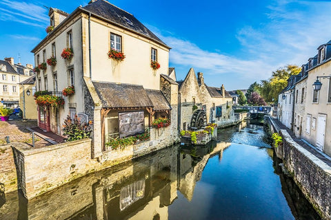 Colorful old buildings- Aure River reflection- Bayeux- Normandy- France Black Ornate Wood Framed Art Print with Double Matting by Perry, William