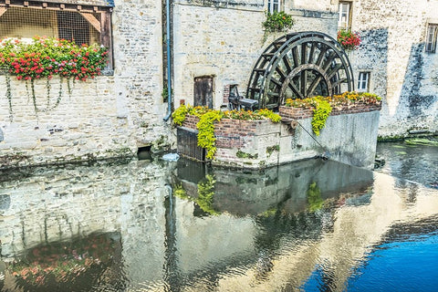 Colorful old buildings- Aure River reflection- Bayeux- Normandy- France Black Ornate Wood Framed Art Print with Double Matting by Perry, William