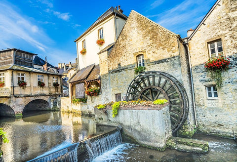 Colorful old buildings- Aure River reflection- Bayeux- Normandy- France Black Ornate Wood Framed Art Print with Double Matting by Perry, William