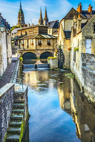 Colorful old buildings- Aure River reflection- Bayeux- Normandy- France Black Ornate Wood Framed Art Print with Double Matting by Perry, William