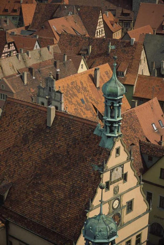 Germany, Rothenburg, Overview of rooftops White Modern Wood Framed Art Print with Double Matting by Satushek, Steve