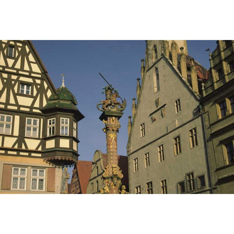 Germany, Rothenburg, Statue in the town suare Black Modern Wood Framed Art Print by Satushek, Steve
