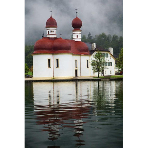 Germany, Lake Konigssee St Bartholomews Church Black Modern Wood Framed Art Print with Double Matting by Flaherty, Dennis