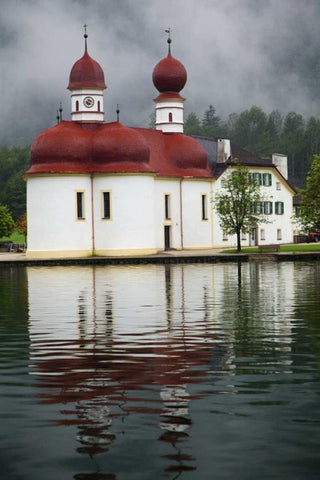 Germany, Lake Konigssee St Bartholomews Church White Modern Wood Framed Art Print with Double Matting by Flaherty, Dennis