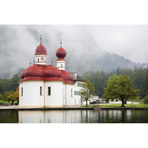 Germany, Lake Konigssee St Bartholomews Church Black Modern Wood Framed Art Print with Double Matting by Flaherty, Dennis