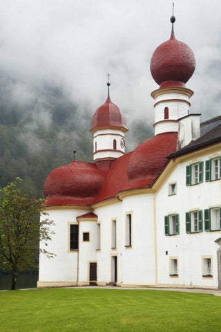 Germany, Lake Konigssee St Bartholomews Church White Modern Wood Framed Art Print with Double Matting by Flaherty, Dennis