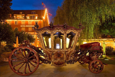 Germany-Lindau Island-Lake Constance Victorian ornate carriage in front of hotel at night Black Ornate Wood Framed Art Print with Double Matting by Jaynes Gallery